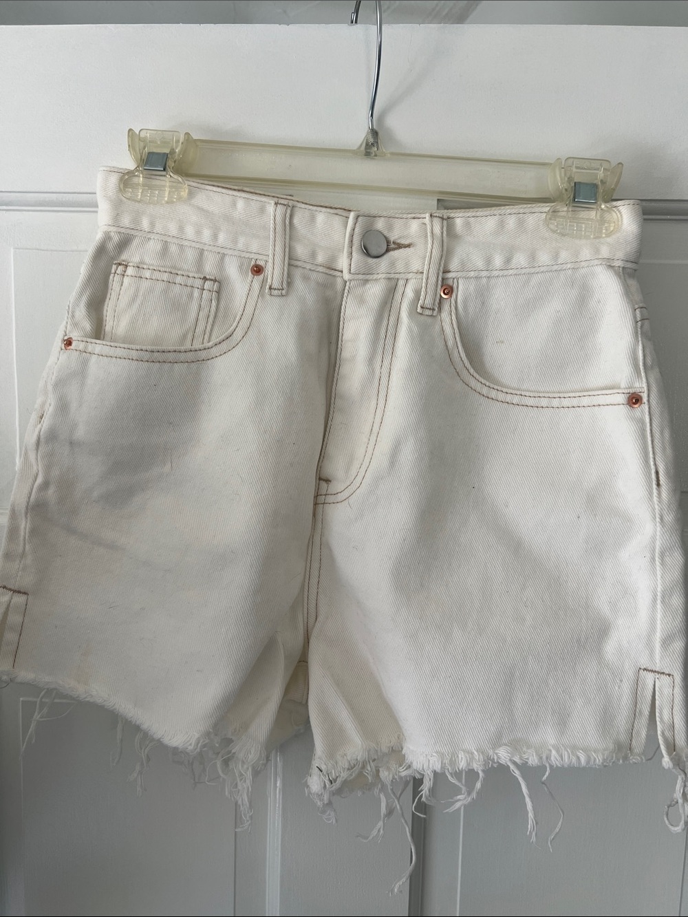 JustFab Cream Frayed Hem Denim Shorts